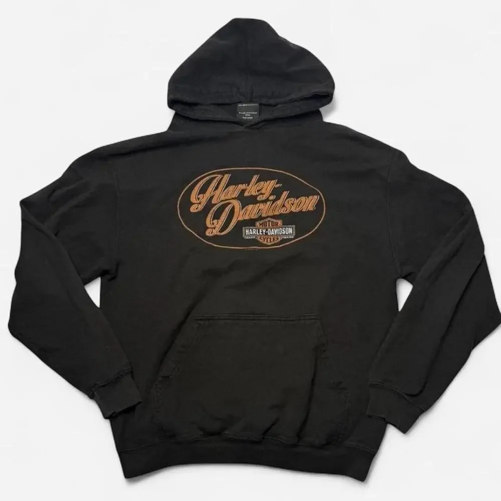 Harley Davidson Saddleback Logan UT Hoodie Y2K Spell Out Pullover Black Medium